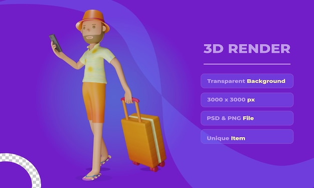 3D летний персонаж приносит багаж и смартфон с прозрачным фоном