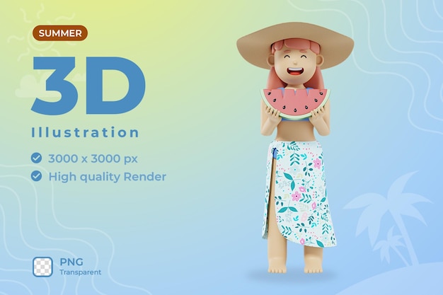 PSD 3d summer girl illustration eat watermelon