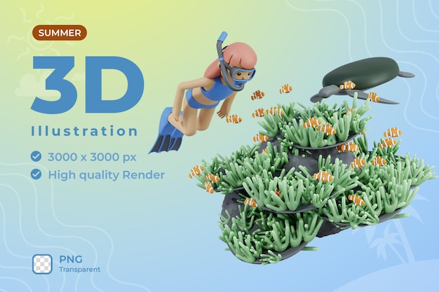 3d summer girl illustration snorkeling