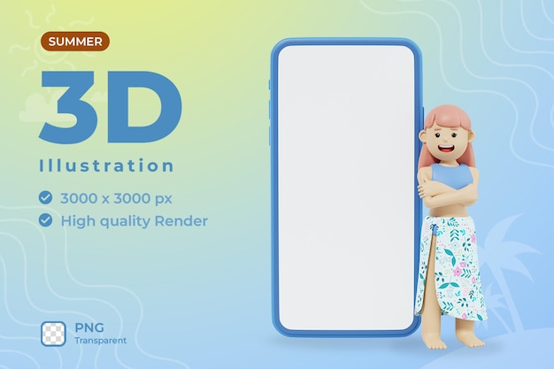 PSD 3d summer girl illustration stand near smartphone mockup