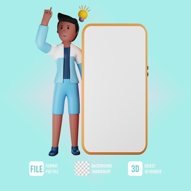 PSD 3d summer male character get idea pose with hand phone object