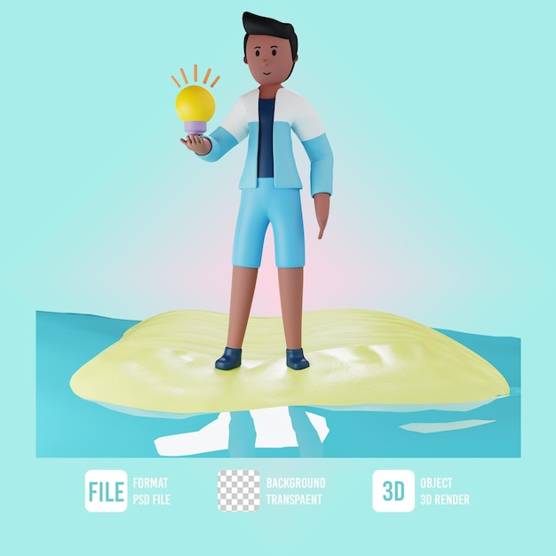 PSD 3d summer male character holding idea with beach