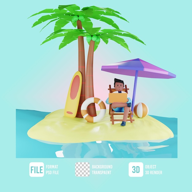 PSD 3d summer male character sitting on the beach with laptop