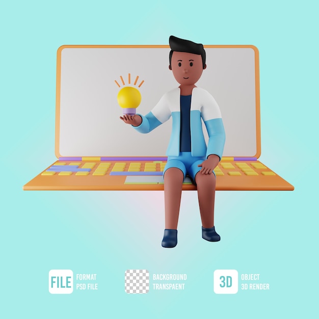 3d summer male character sitting with laptop and holding idea illustration