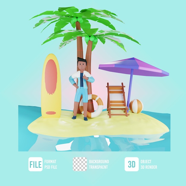 PSD 3d summer male character thumb up with beach illustration