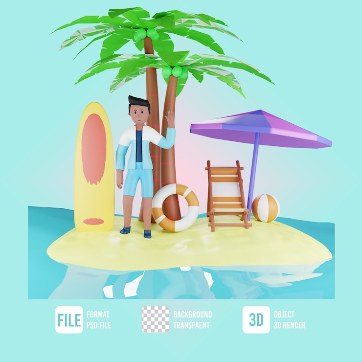 PSD 3d summer male character waving hand with beach illustration
