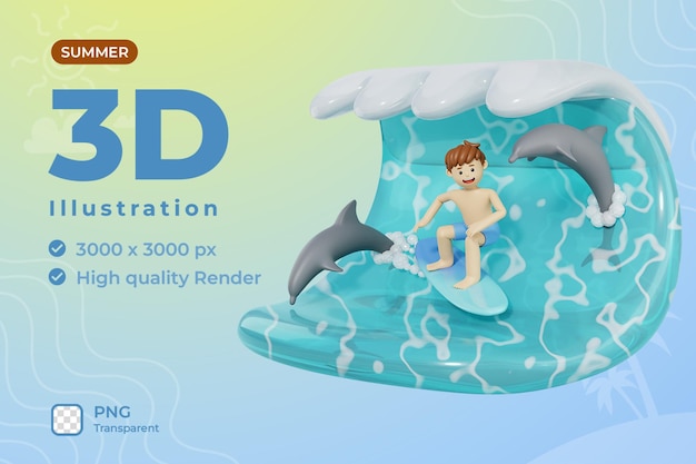 3d estate uomo illustrazione surf d'onda