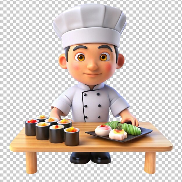 PSD cartone animato di un chef di sushi 3d che prepara un banchetto di sushi su uno sfondo trasparente