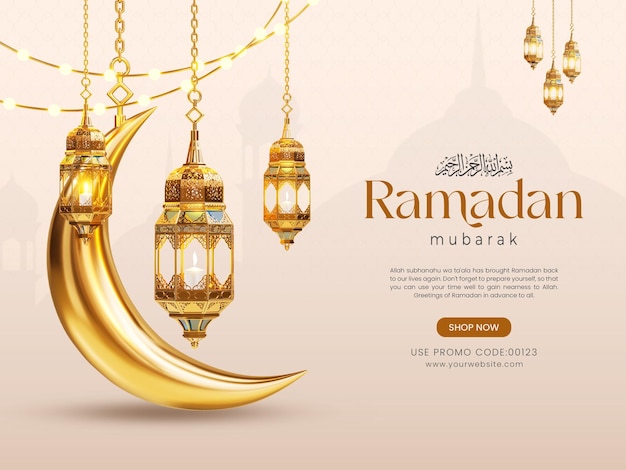 3d Szablon Transparentu Mediów Społecznościowych Ramadan Kareem Z Półksiężycem I Islamskimi Lampionami