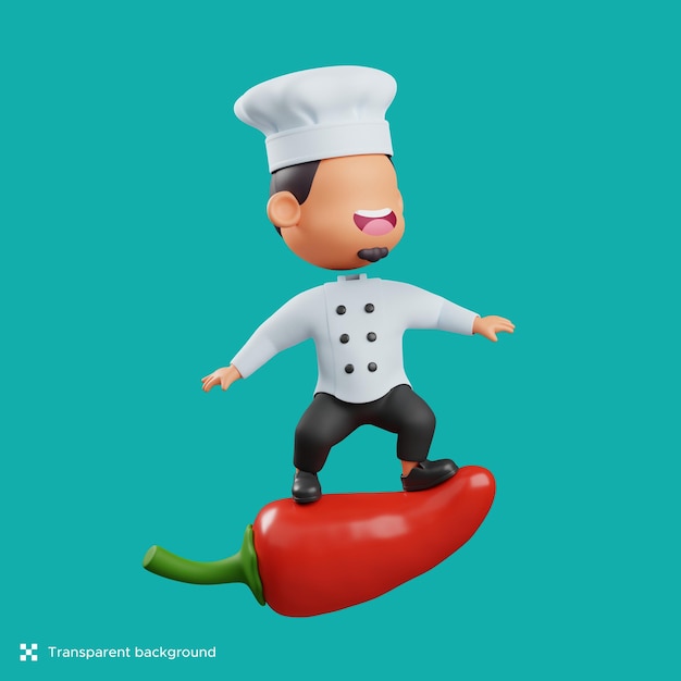 PSD 3d szef kuchni jeździ czerwoną papryczką chili. urocza ilustracja postaci z odosobnionym obrazem