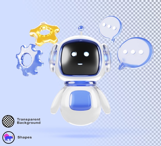 3D szklany robot AI z bąbelkiem mowy i ikoną biegów na niebieskim tle Render Chat bot maskotka uroczy chatbot wirtualny asystent wsparcia z technologią sztucznej inteligencji