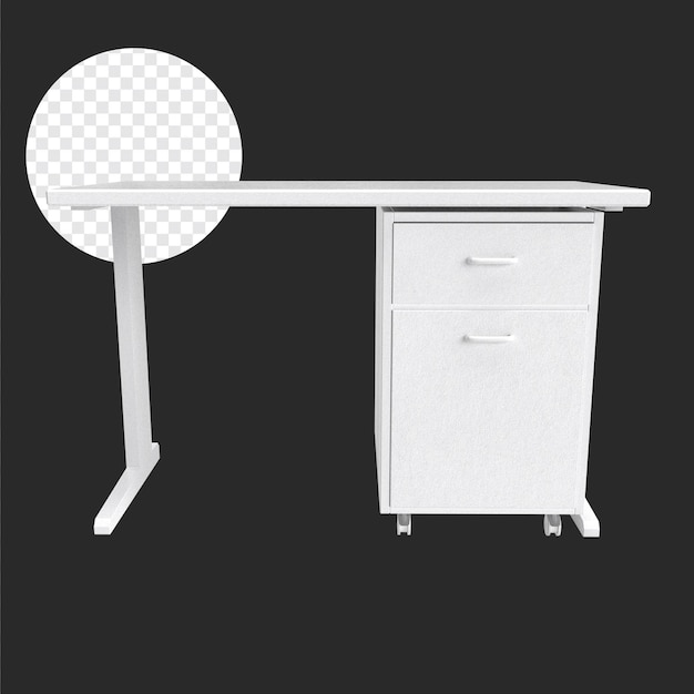 Angolo di vista frontale della scrivania da lavoro 3d con mobili semplici di colore bianco per lo studio