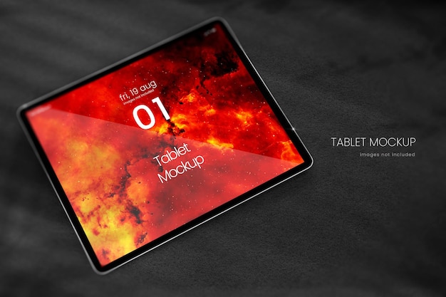 PSD mockup di tablet 3d su sfondo scuro con texture