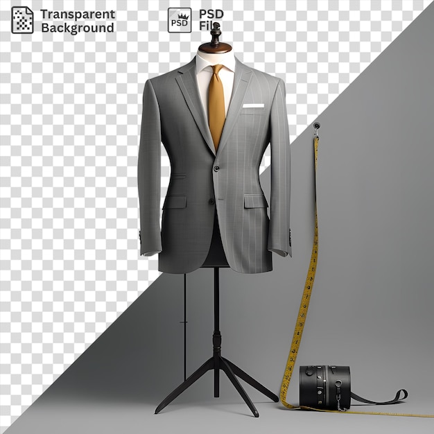 PSD 3d tailor measuring for a suit on a black stand against a gray and white wall wearing a gray suit with a gold and yellow tie and holding a black camera