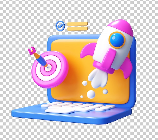 3D Target Achievement and Rocket Launch Illustration for Business Success
