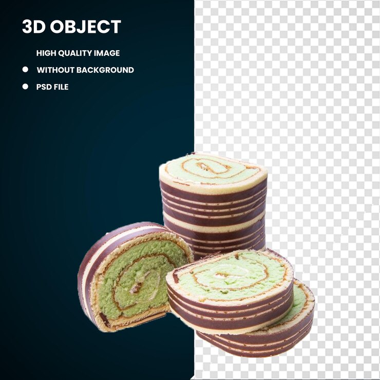 PSD 3d 茶蛋糕 瑞士卷 麵包店 一堆切碎的綠茶蛋糕食物烘焙