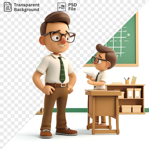 3d teacher cartoon educating young minds in a classroom wearing a white shirt black tie and brown belt with black glasses and brown hair standing in front of a white wall