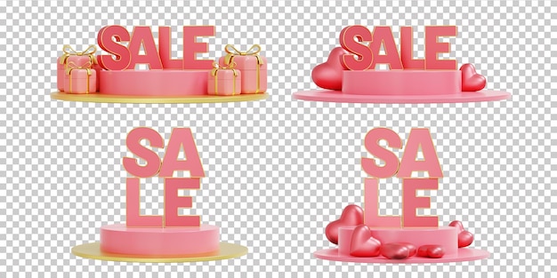 PSD 3d teks sale podium with heart balloons and gift boxes