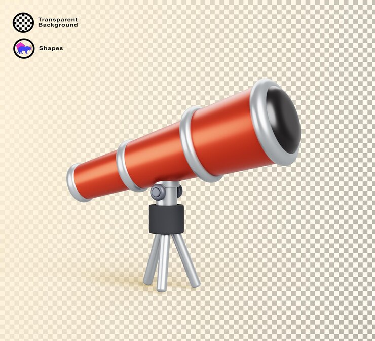 PSD 3d telescope for space exploration science discovery astronomy studying red silver equipment for watching stars planets in cosmos see milky way in night sky isolated render icon