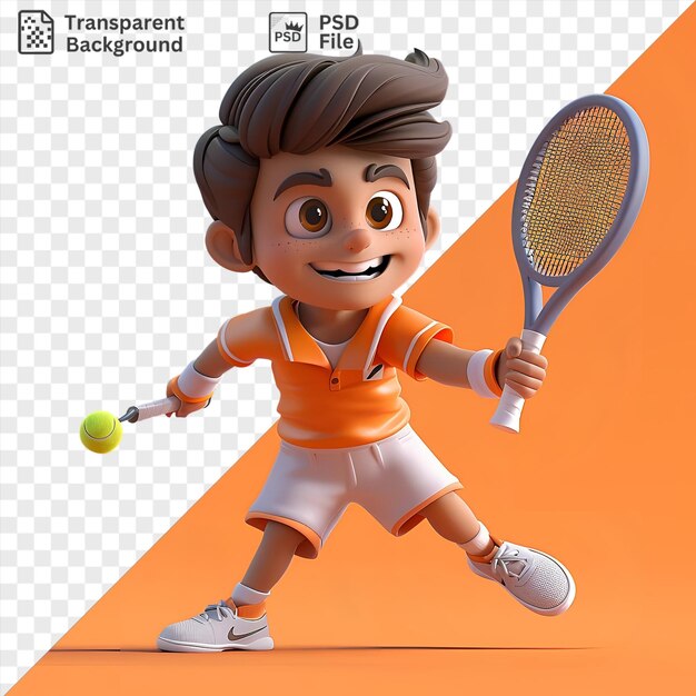 Giocatore di tennis 3d cartone animato acing un servizio con una racchetta blu indossando pantaloncini bianchi e scarpe bianche con capelli neri e un occhio marrone e tenendo una palla verde e gialla