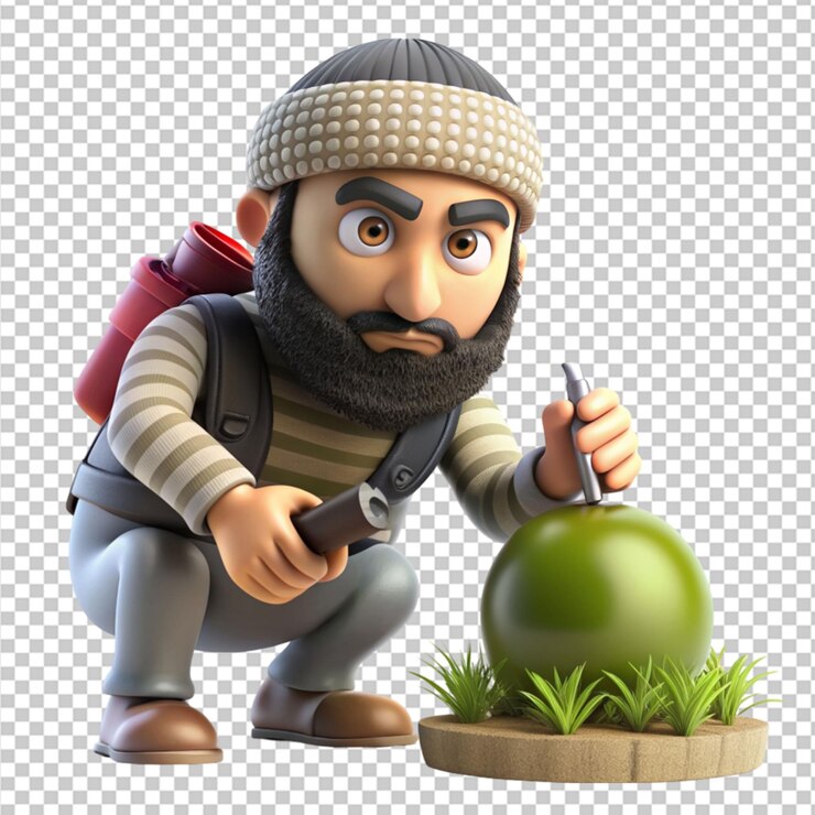 PSD 3d terrorist cartoon planting a bomb on transparent background