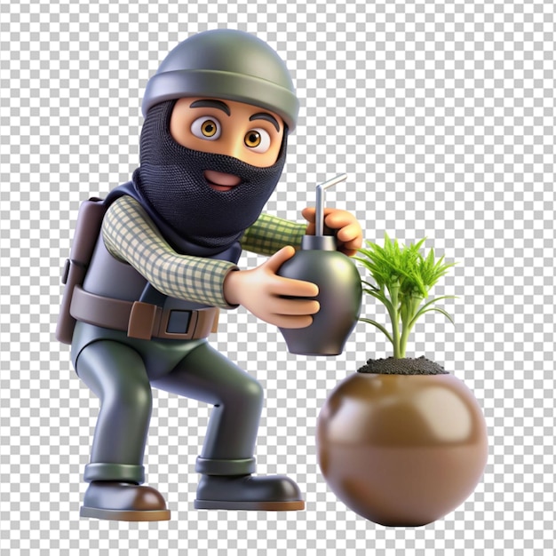 PSD 3d terrorist cartoon planting a bomb on transparent background