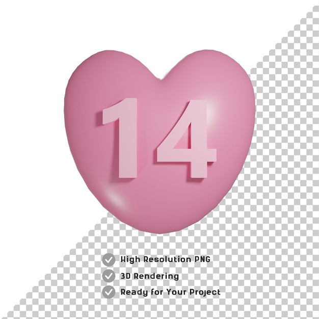 PSD 3d text 14 on love shape transparent background