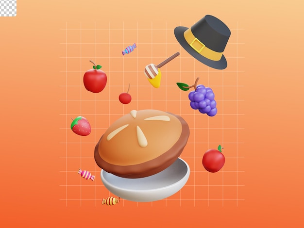 PSD 3d иллюстрация значка благодарения с разбросанным пирогом и фруктами