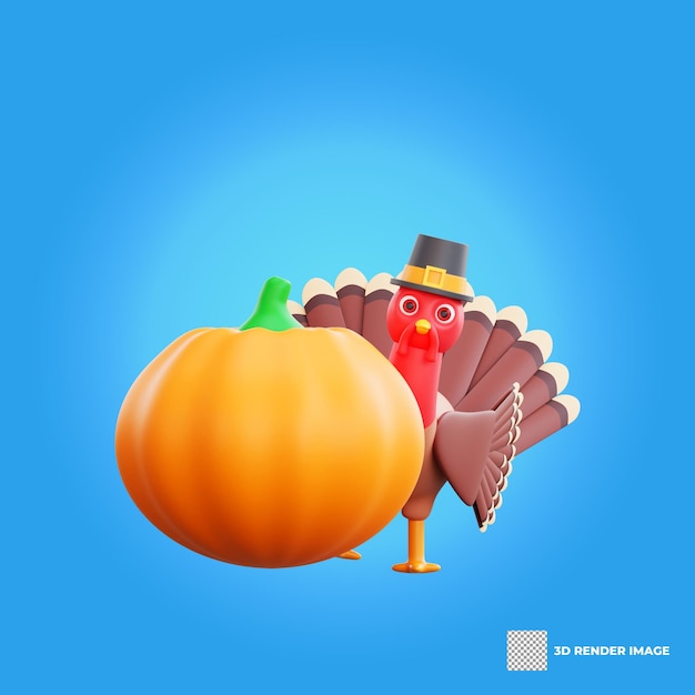 3D Thanksgiving turkey hiding behind a big pumpkin