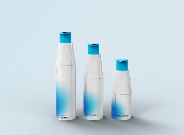 PSD 3d tre bottiglie di pompa cosmetica mockup sfondo isolato