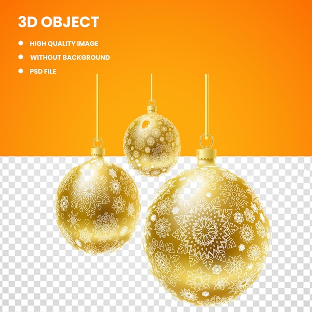 3d three golden bauble balls