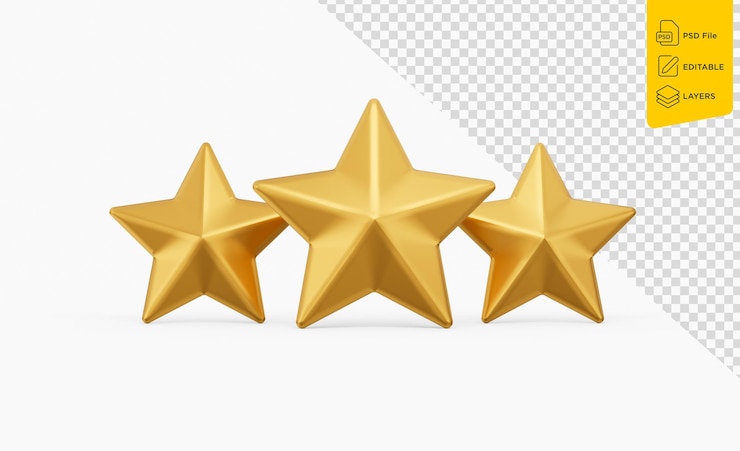 PSD 3d three golden shiny rating stars symbols isolated on golden background 3d illustration