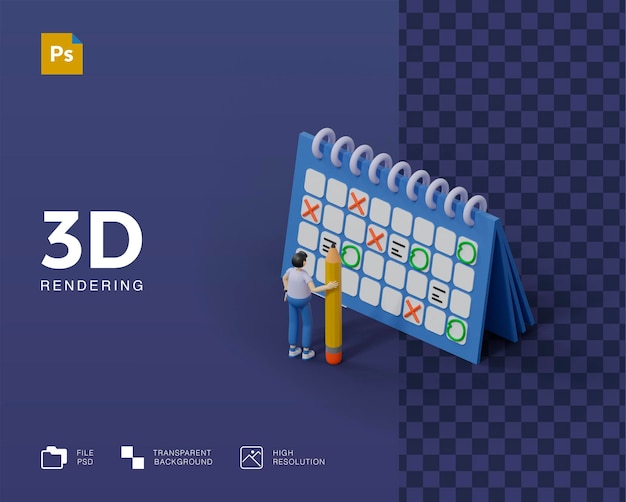 3D Time Management Man Planning Workflow Calendar