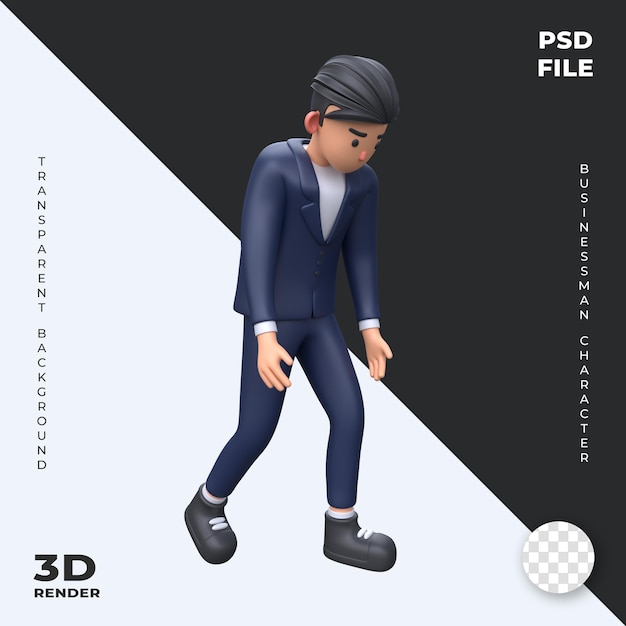 PSD 3 d の疲れたビジネスマンの漫画のキャラクター イラスト ビジネス コンセプトを歩く