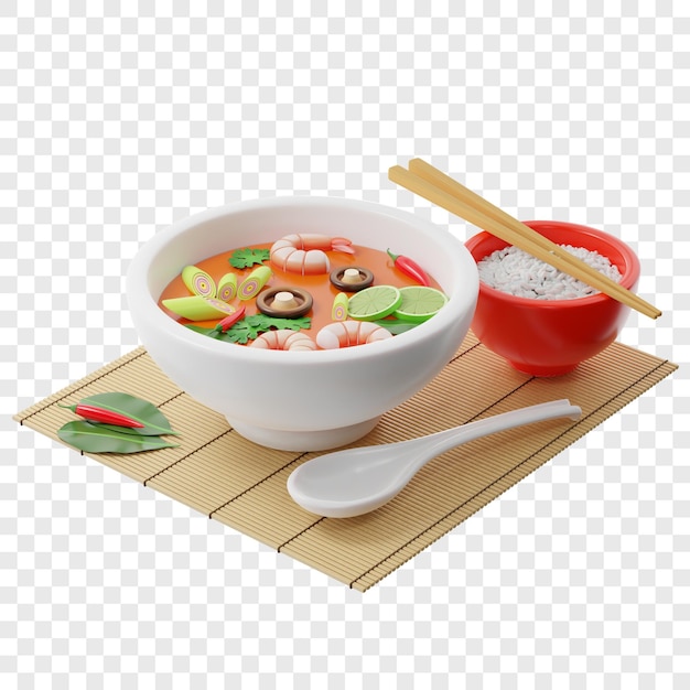 3d tom yam kung soup in a buddha bowl next to a plate of rice chopsticks a spoon chili peppers