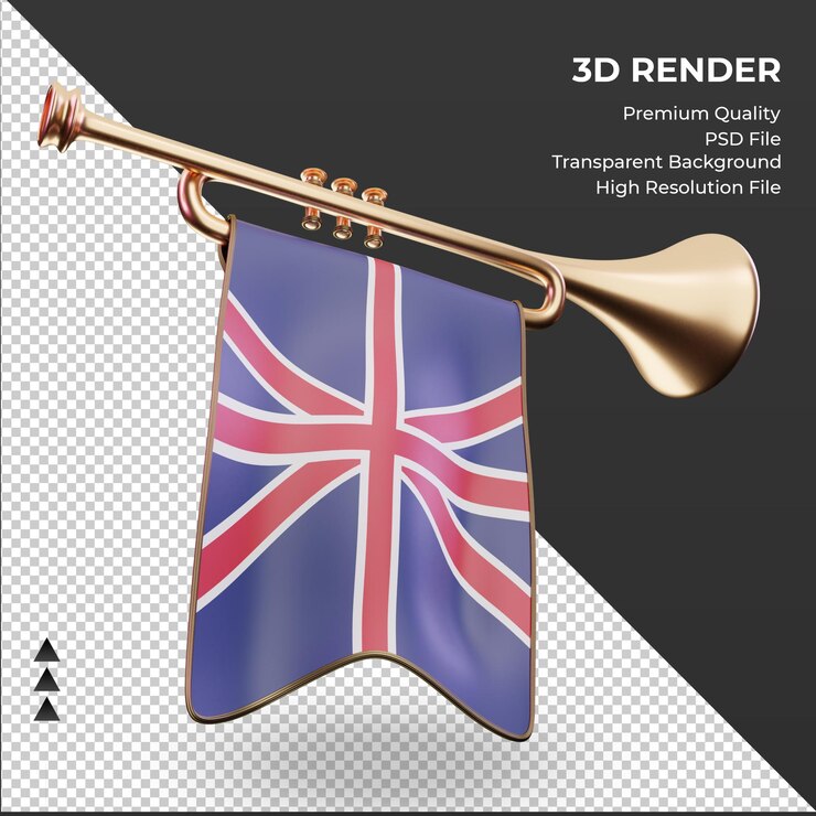 3d trąbka flaga Wielkiej Brytanii renderowania z lewej strony