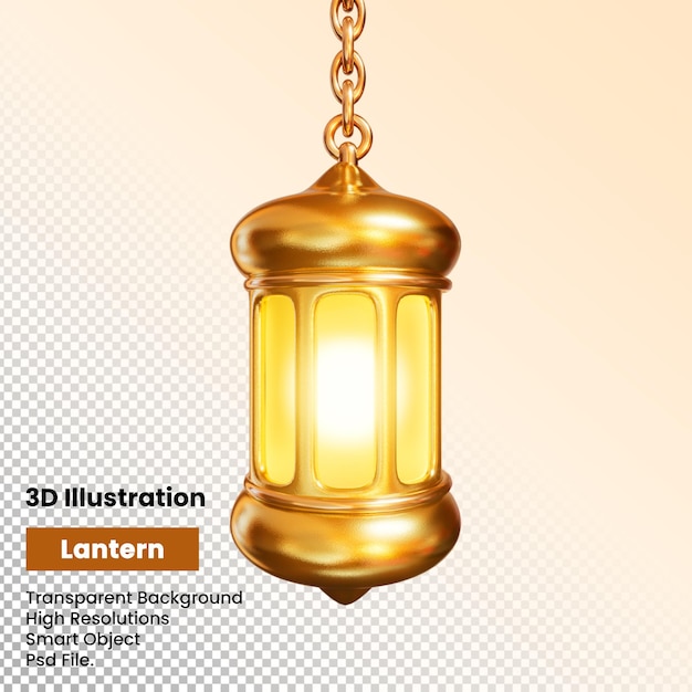 3d traditional arabic glowing gold lantern hanging on chains with transparent background