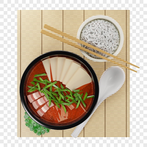 豆腐とねぎを添えた肉のキムチチゲの伝統的な3Dスープ上面図