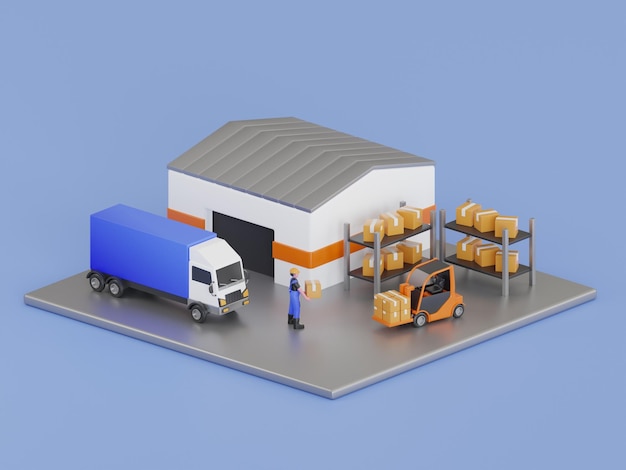 PSD 3d trailer container truck geparkeerd laadpakket dozen bij de warehouse industry cargo freight