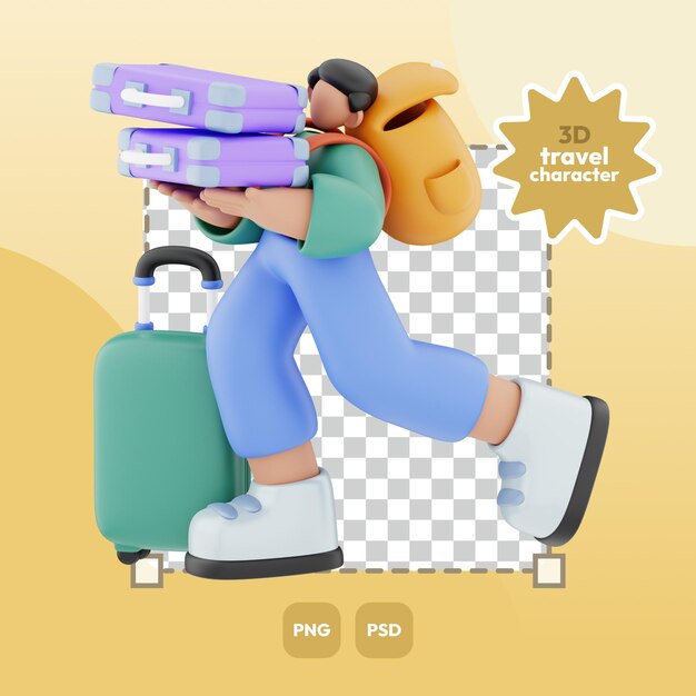 3d travel character overpacking