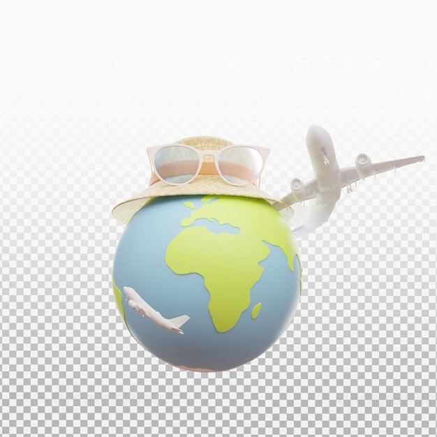 PSD 3d travel icon illustration earth with airplane isolated 3d rendering