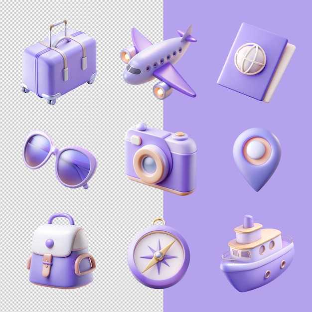 PSD 3d travel icons set on a transparent background