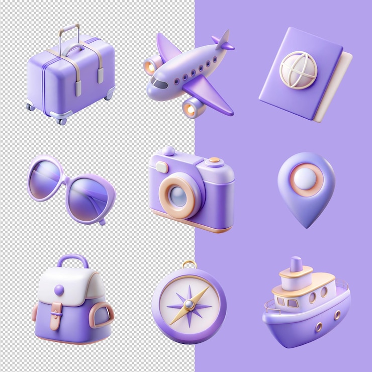 PSD 3d travel icons set on a transparent background