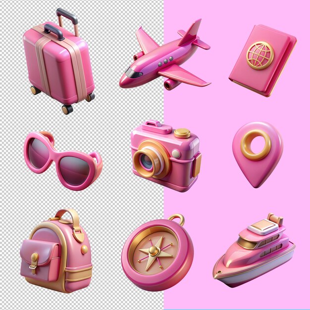 3d travel icons set on a transparent background