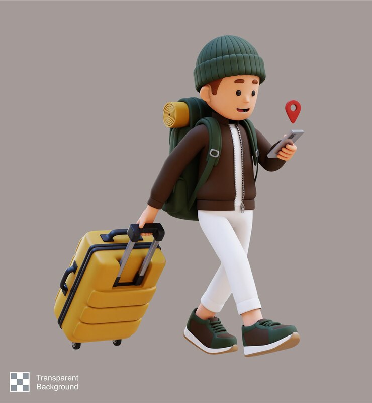 PSD 3d traveller character checking map on phone while walking and pull suitcase