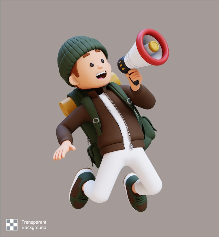 PSD 3d traveller character holding megaphone
