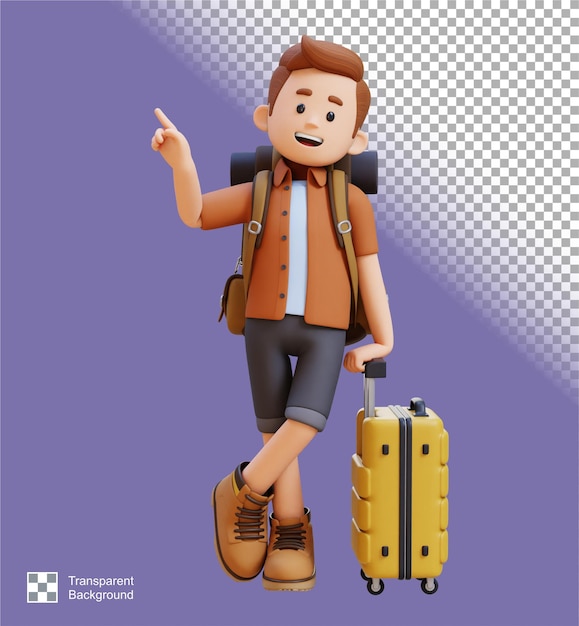 PSD 3d traveller character lying on suitcase while pointing up