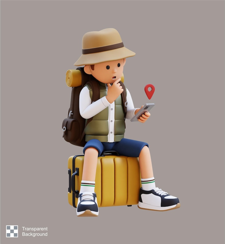 PSD 3d traveller character sitting on a suitcase and checking the gps location on smart phone