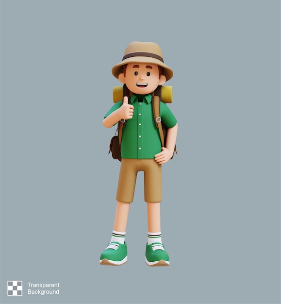 3D Traveller personage geeft duim omhoog pose