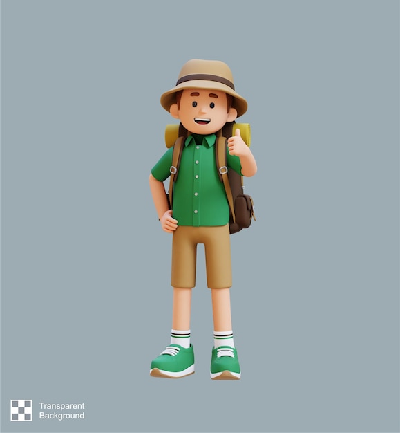 3D Traveller personage geeft duim omhoog pose